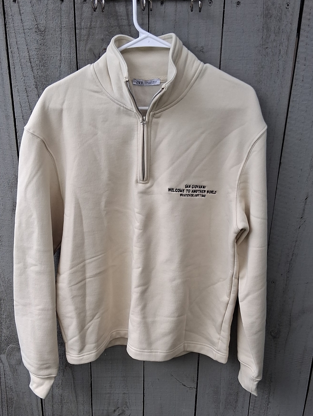 Zara Men Cream Half-Zip Sweater with Small Chest Embroidery